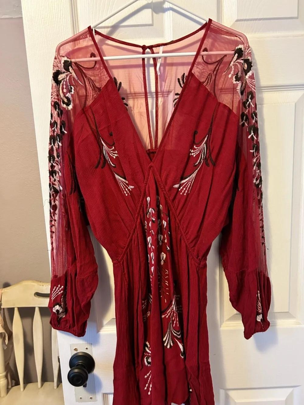 Free People Burgundy Red Embroidered Mesh Sleeve Mini Dress - Picture 4 of 13